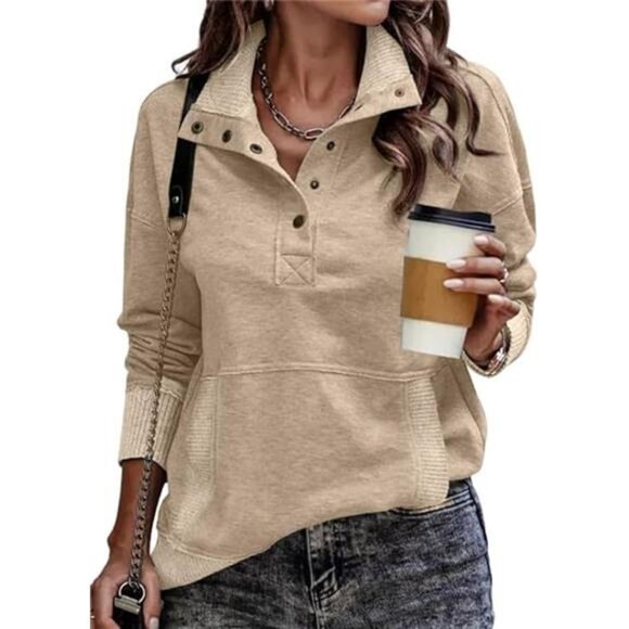 Womens Sweatshirt Long Sleeve Lightweight Sweatshirts Button Loose Pullover Tops - Picture 1 of 6